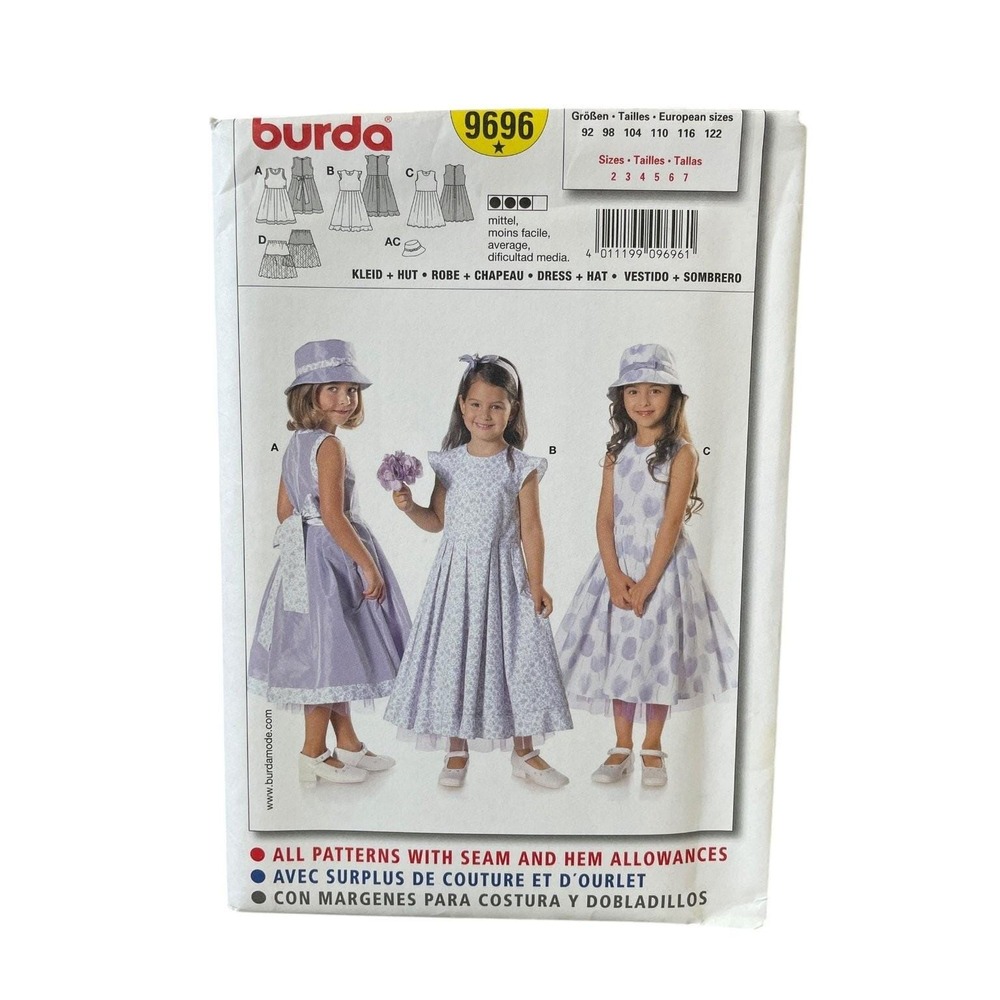 Burda 9696 Girls Dress Hat Sewing Pattern Sizes 2-7 Vintage UNCUT FF
